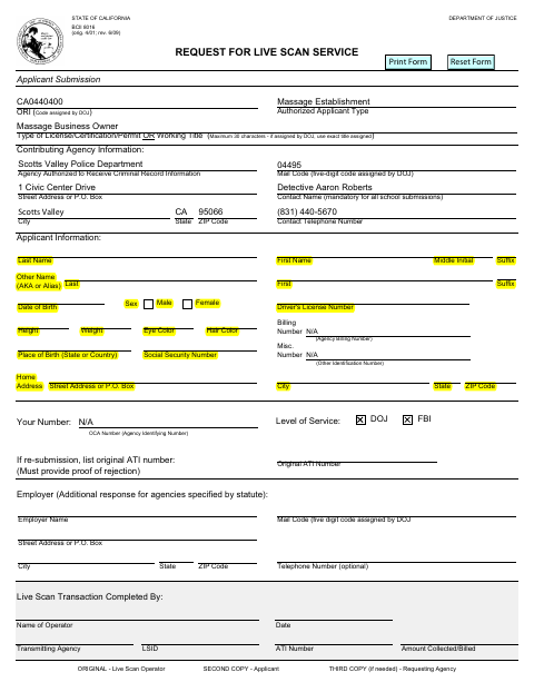First page of the Request for Live Scan Service