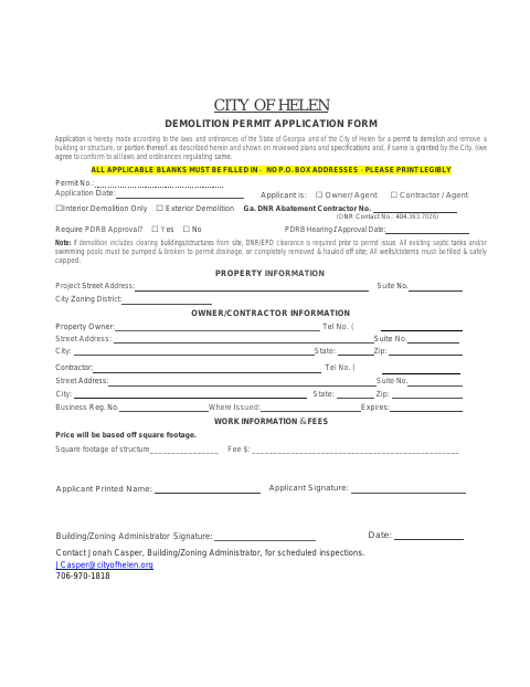 First page of the Demolition Permit Application