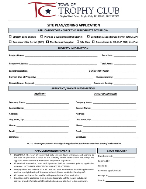 First page of the Application for Zoning Change, Site Plan, or Temporary Use Permit