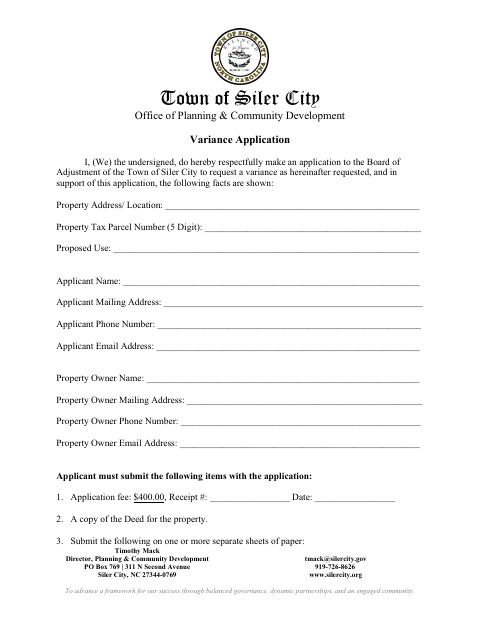 First page of the Variance Application