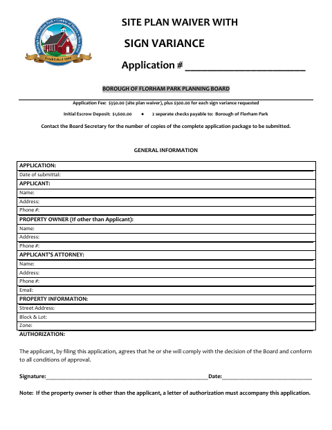 First page of the Site Plan Waiver With Sign Variance Application