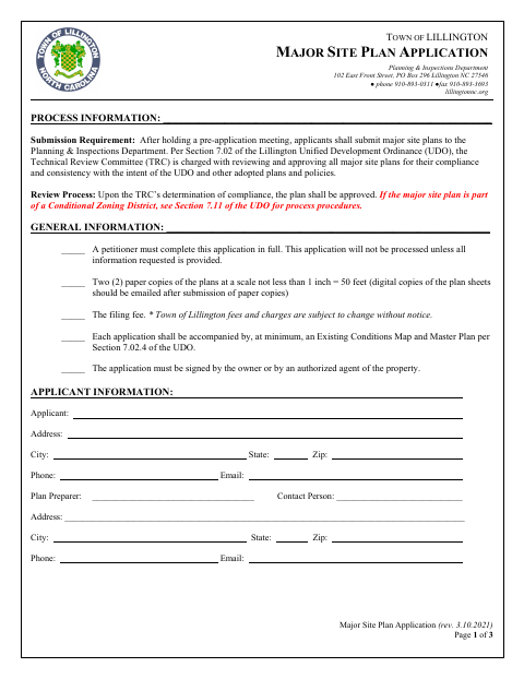 First page of the Major Site Plan Application