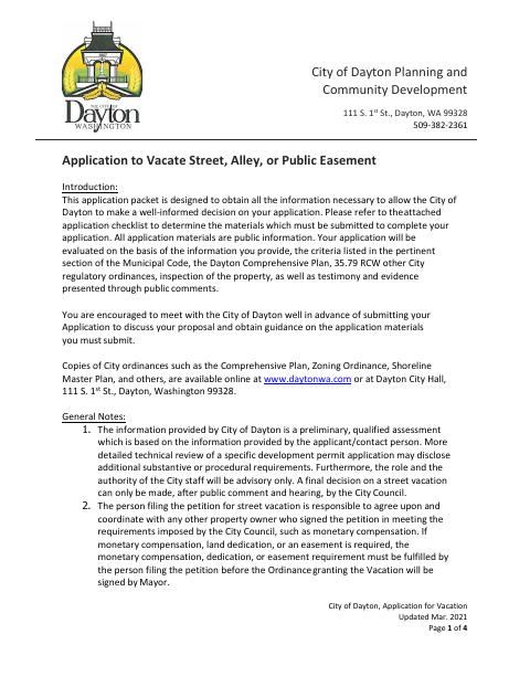 First page of the Application to Vacate Street, Alley, or Public Easement