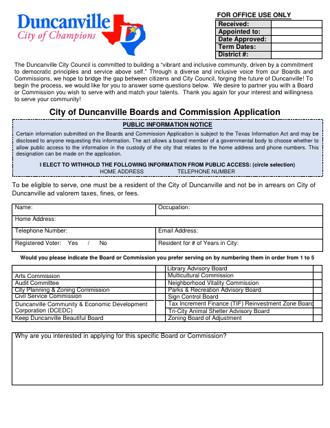 First page of the Boards and Commission Application