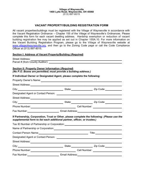 First page of the Vacant Property/Building Registration Form
