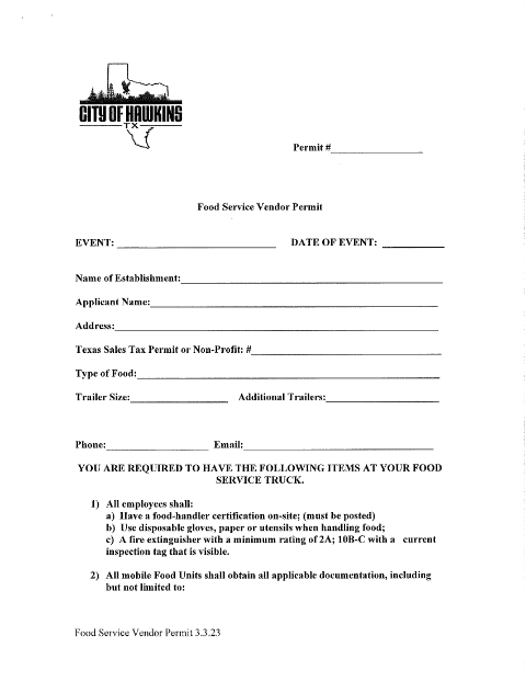 First page of the Food Service Vendor Permit