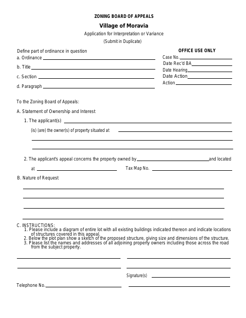 First page of the Application for Interpretation or Variance