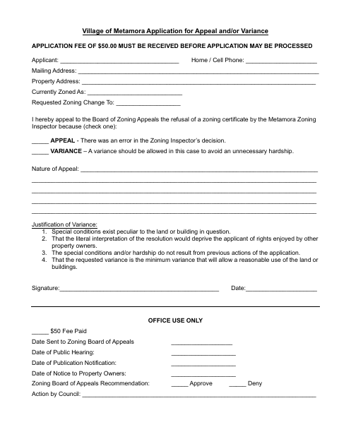 First page of the Application for Appeal and/or Variance