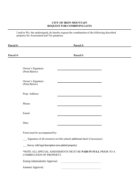 First page of the Parcel Combination Application
