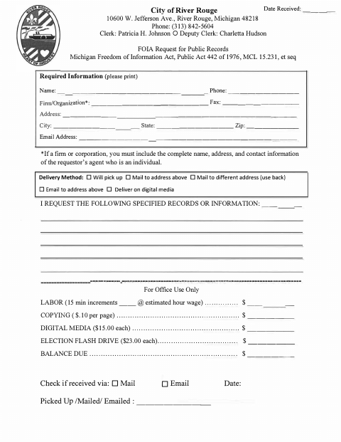 First page of the FOIA Request for Public Records