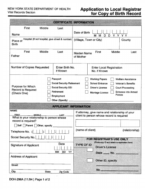 First page of the Application for Copy of Birth Record