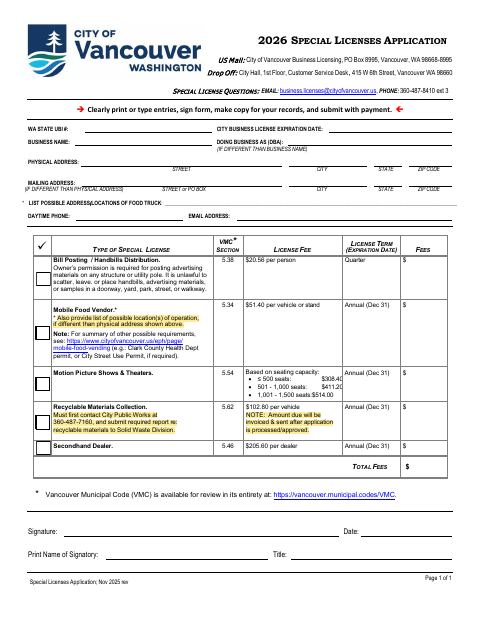 First page of the Special Licenses Application