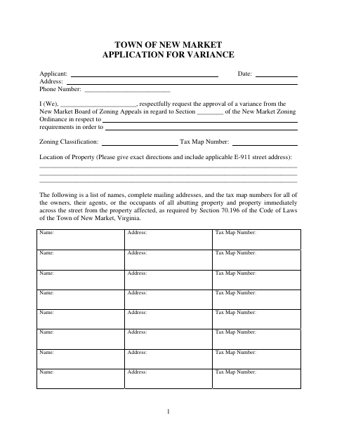 First page of the Application for Variance
