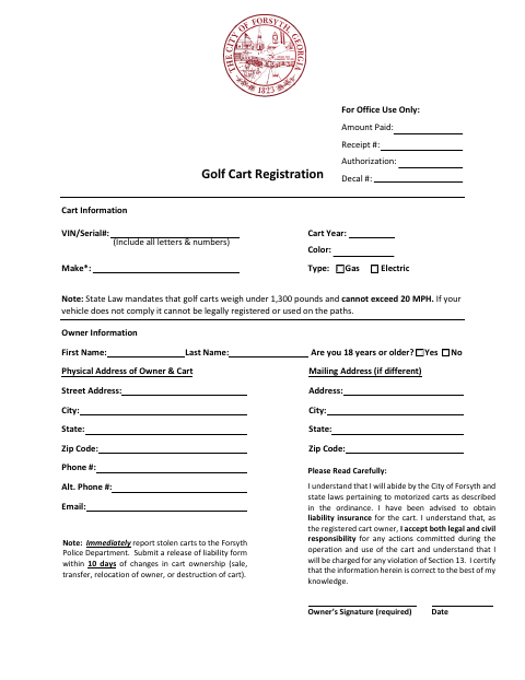 First page of the Golf Cart Registration