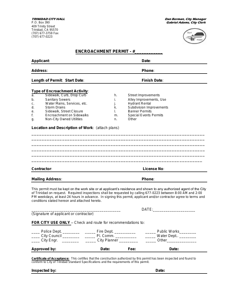 First page of the Encroachment Permit Application