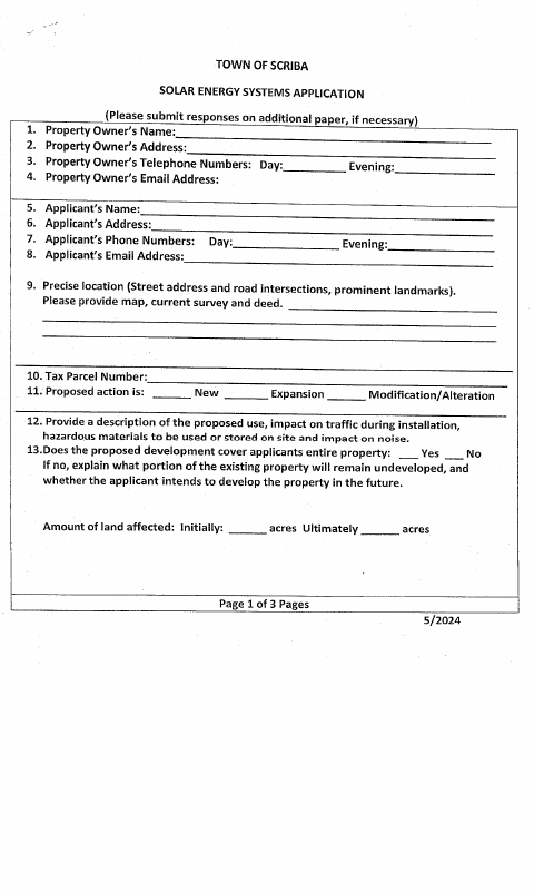 First page of the Solar Energy Systems Application