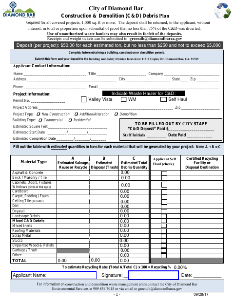 First page of the Construction & Demolition (C&D) Debris Plan