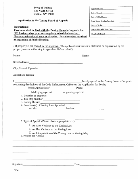 First page of the Zoning Board of Appeals Application