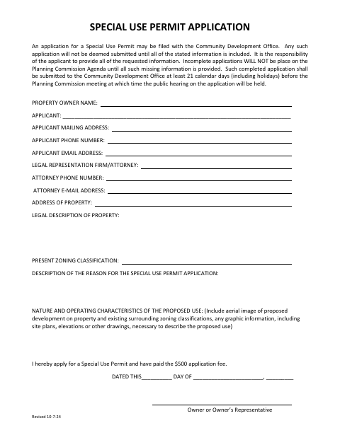 First page of the Special Use Permit Application