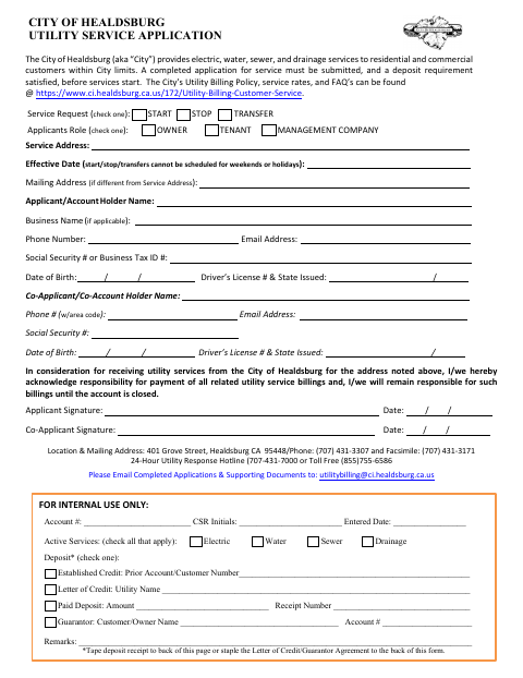 First page of the Utility Service Application