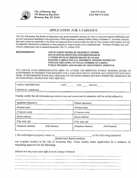 First page of the Application for a Variance