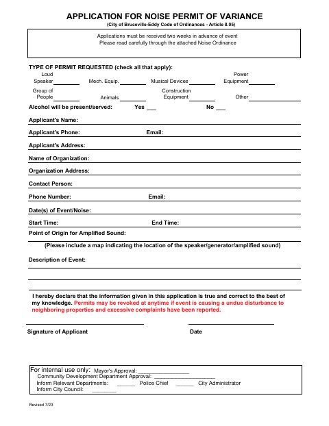 First page of the Application for Noise Permit of Variance