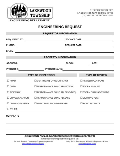 First page of the Engineering Inspection Review Request