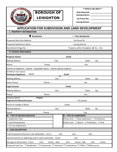 First page of the Application for Subdivision and Land Development