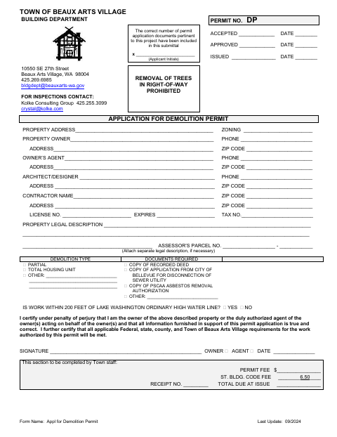 First page of the Application for Demolition Permit