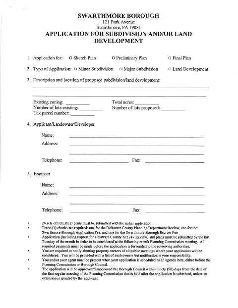 First page of the Application for Subdivision and/or Land Development