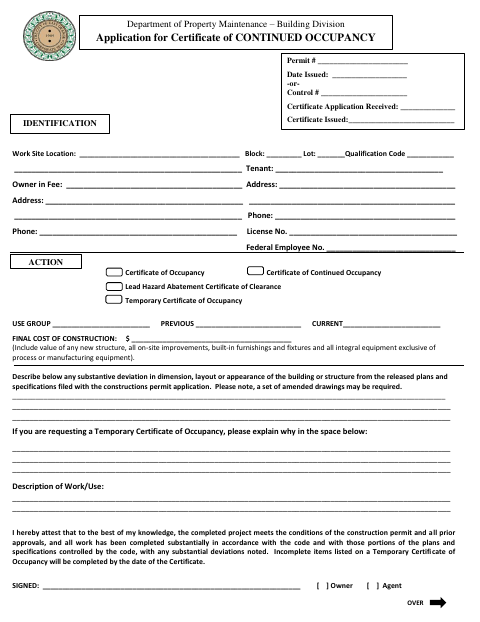 First page of the Application for Certificate of Continued Occupancy