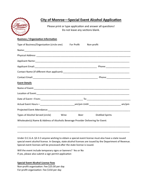 First page of the Special Event Alcohol Application