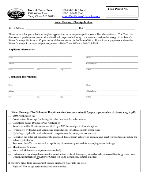First page of the Water Drainage Plan Application