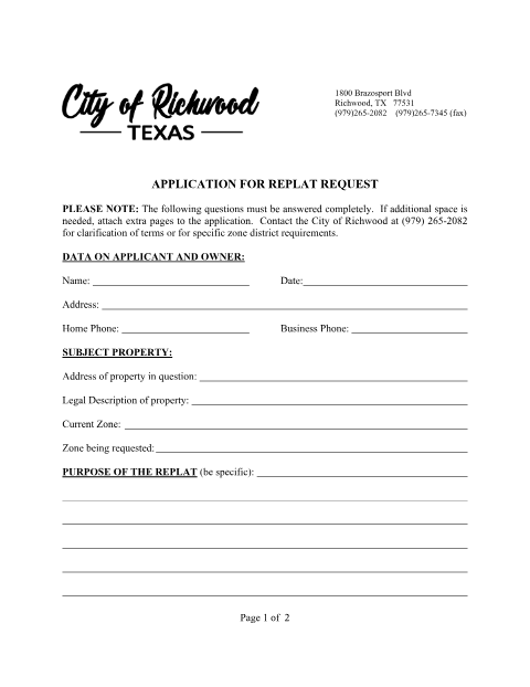 First page of the Application for Replat Request (Plat Dedication and Certification)