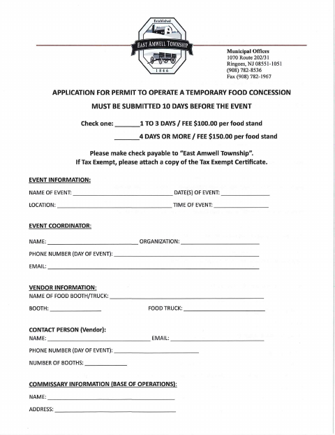 First page of the Application for Permit to Operate a Temporary Food Concession