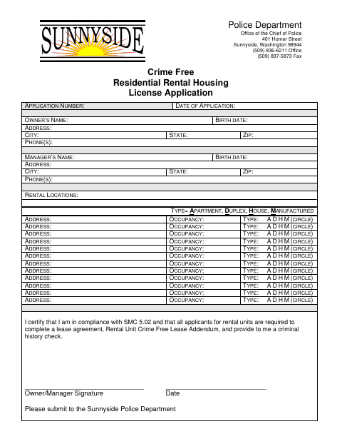 First page of the Crime Free Residential Rental Housing License Application