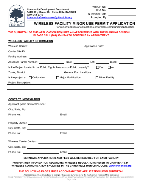 First page of the Wireless Facility Minor Use Permit Application
