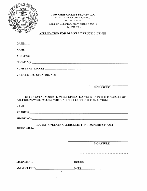 First page of the Delivery Truck License Application