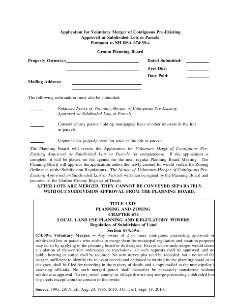 First page of the Voluntary Lot Merger Application