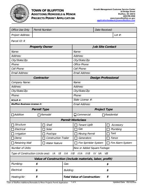 First page of the Additions, Remodels & Minor Projects Permit Application