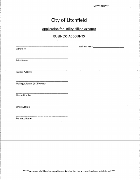 First page of the Application for Utility Billing Account – Business