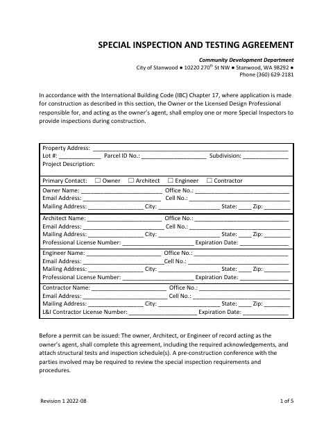 First page of the Special Inspection and Testing Agreement