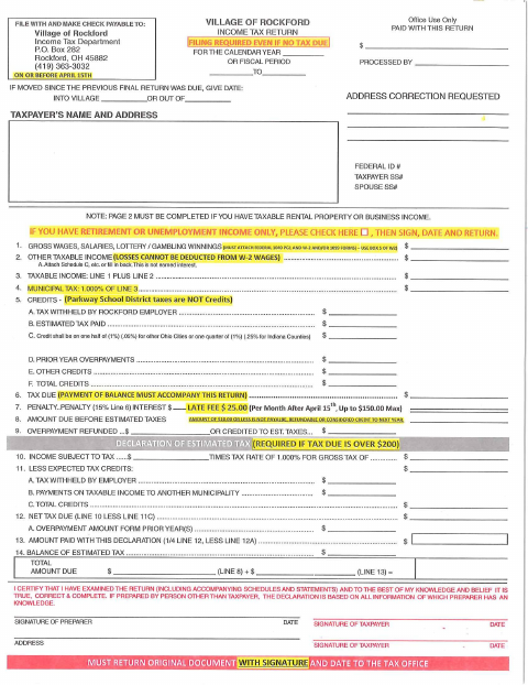 First page of the Village Income Tax Return