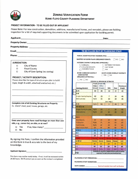 First page of the Zoning Verification Form