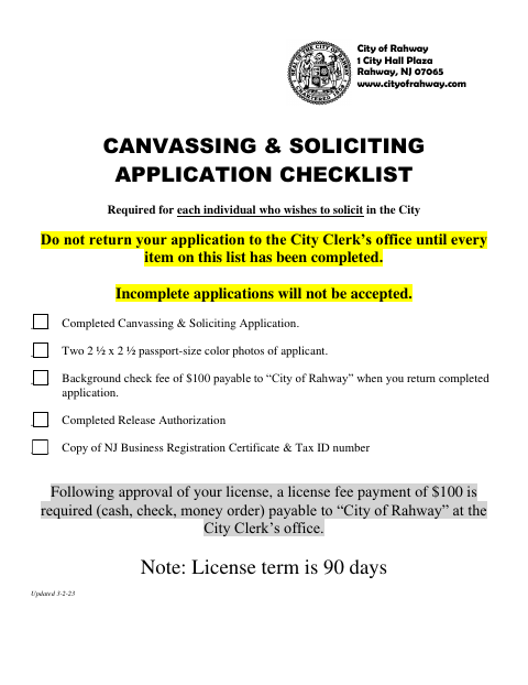 First page of the Canvassing and Soliciting License Application