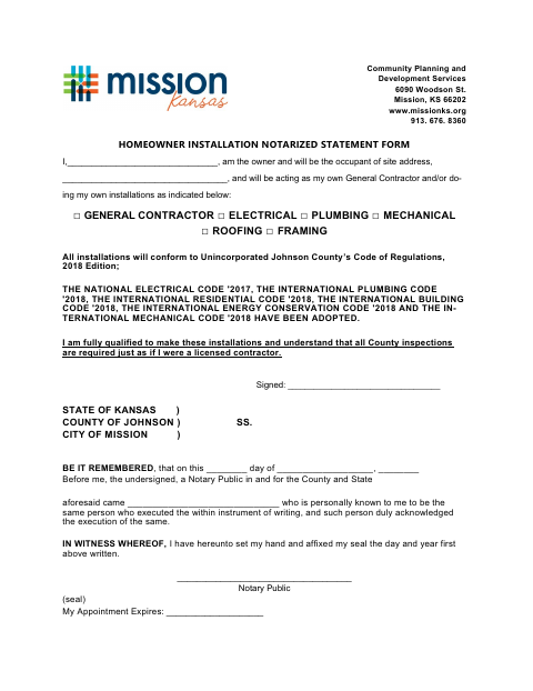 First page of the Homeowner Installation Notarized Statement