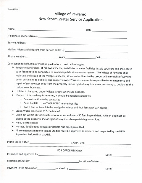 First page of the Storm Water Service Application
