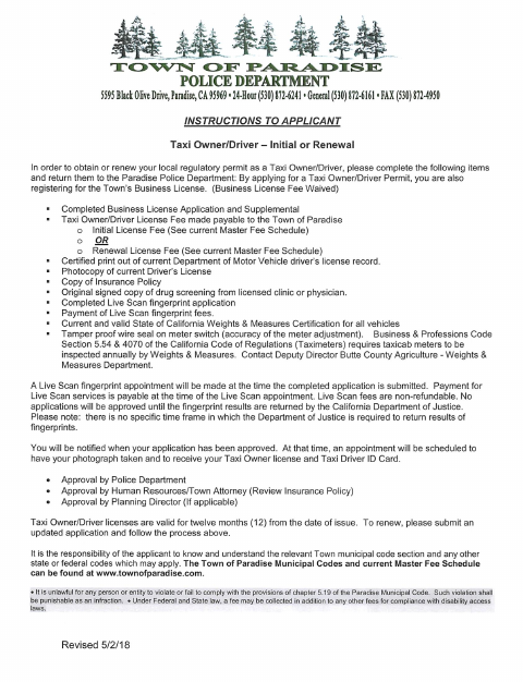 First page of the Taxi Owner/Driver Initial or Renewal Application