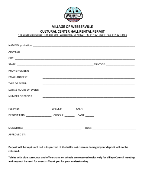 First page of the Cultural Center Hall Rental Permit