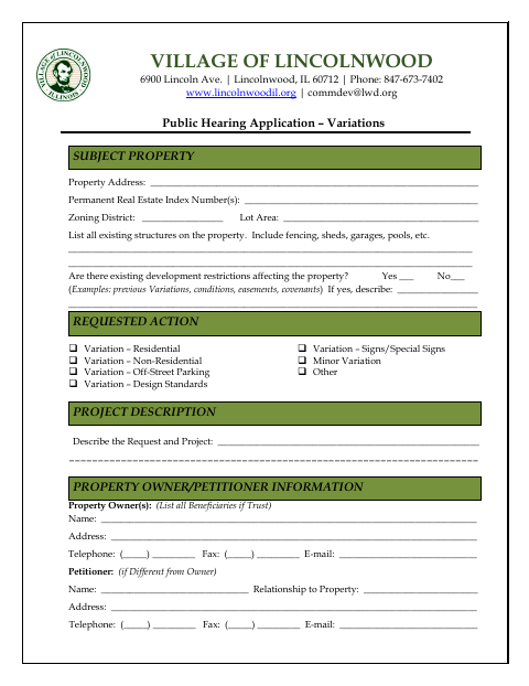 First page of the Public Hearing Application – Variations